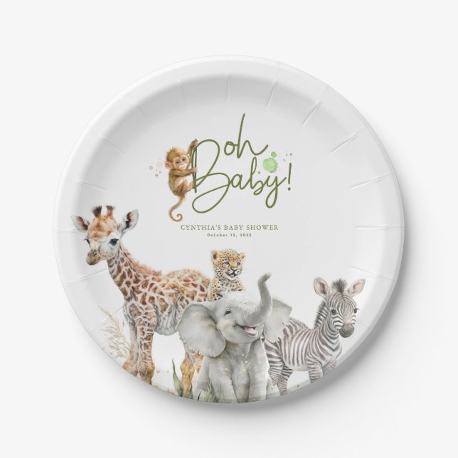 Plato De Papel Pequeños animales juntan Safari Baby Shower Brown (Anverso)