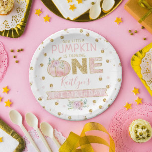 Plato De Papel Pequeños Chicas de calabaza Primer cumpleaños
