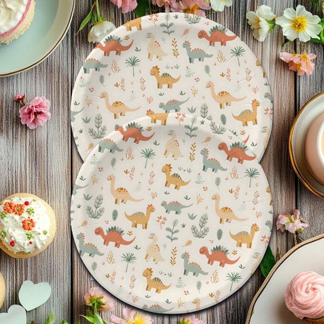Plato De Papel Pequeños Dinosaurios Tonos Neutrales Beige (Subido por el creador)
