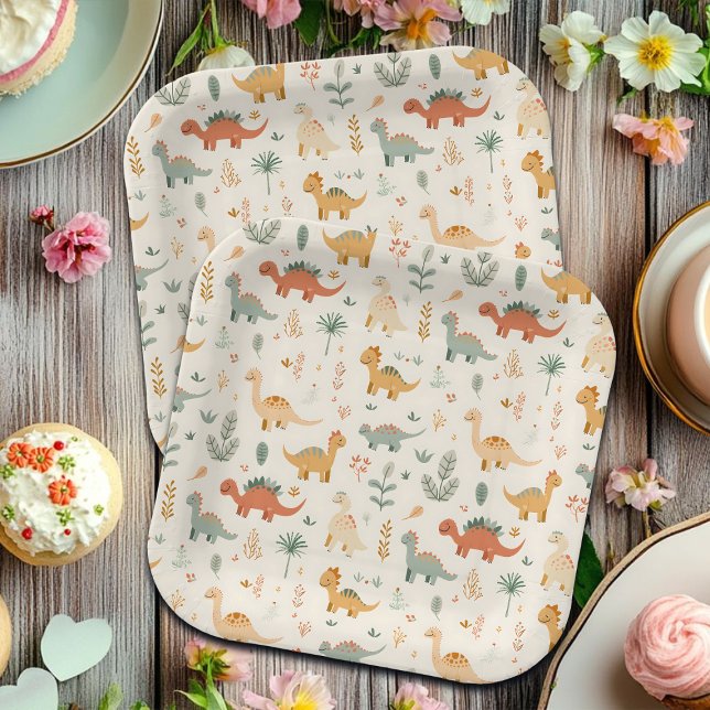 Plato De Papel Pequeños Dinosaurios Tonos Neutrales Beige (Subido por el creador)