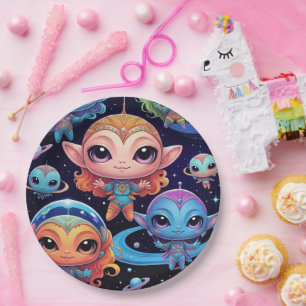 Plato De Papel Pequeños extranjeros multicolores en el espacio