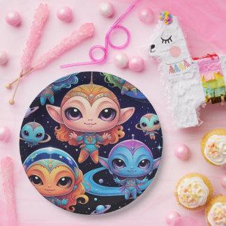 Plato De Papel Pequeños extranjeros multicolores en el espacio