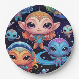 Plato De Papel Pequeños extranjeros multicolores en el espacio