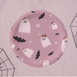 Plato De Papel Pequeños fantasmas con arcos rosados Halloween