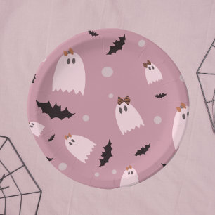 Plato De Papel Pequeños fantasmas con arcos rosados Halloween