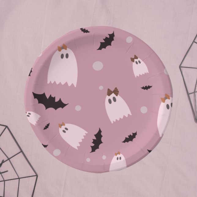 Plato De Papel Pequeños fantasmas con arcos rosados Halloween (Subido por el creador)