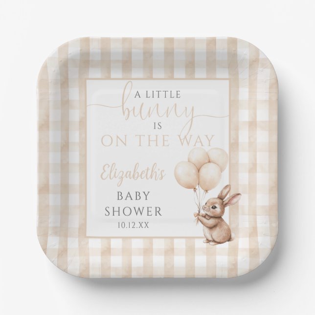 Plato De Papel Pequeños globos de conejo género Baby Shower neutr (Anverso)