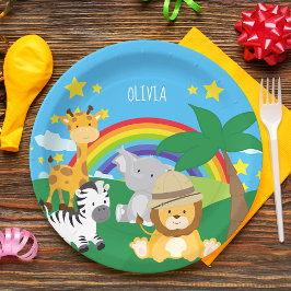 Plato De Papel Pequeños niños Safari Jungla Animales y Nombre