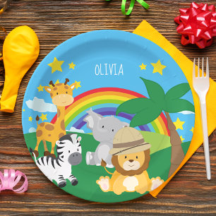 Plato De Papel Pequeños niños Safari Jungla Animales y Nombre