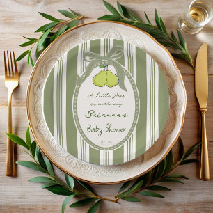 Plato De Papel Peral verde salvia rayas retro baby shower persona