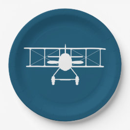 Plato De Papel Perfil de biplano blanco sobre fondo azul