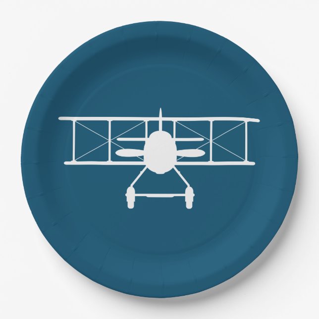 Plato De Papel Perfil de biplano blanco sobre fondo azul (Anverso)