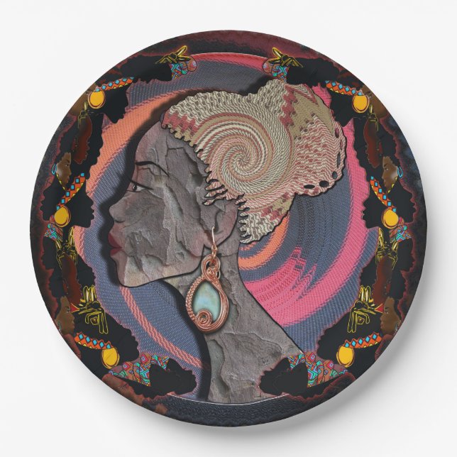 Plato De Papel Perfil de una mujer africana en una cesta tejida (Anverso)