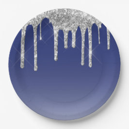 Plato De Papel Perforaciones modernas de Purpurina de plata azul