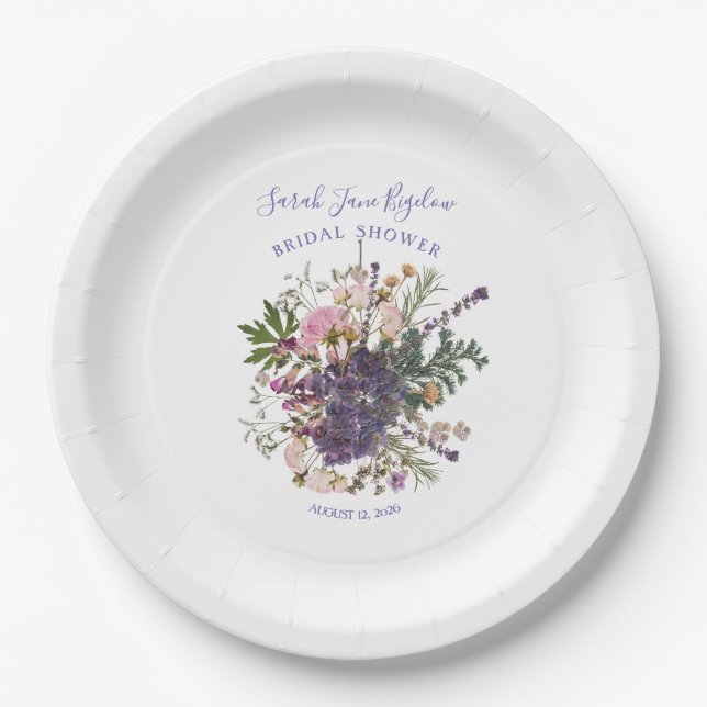 Plato De Papel Periwinkle Pressed Wildflower Boho Bridal Shower (Anverso)
