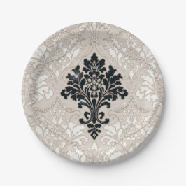 Plato de Papel Perla Damask Blanco Negro Elegante