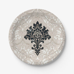 Plato de Papel Perla Damask Blanco Negro Elegante