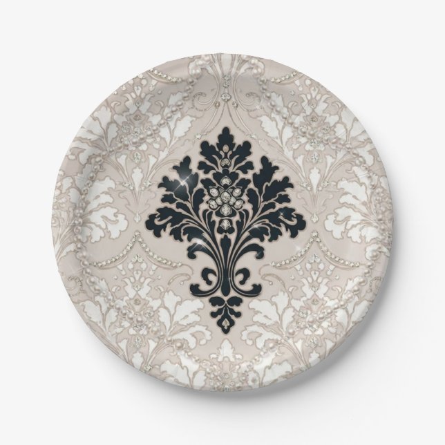 Plato de Papel Perla Damask Blanco Negro Elegante (Anverso)
