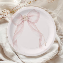 Plato De Papel Perla Rubor Rosa Lazo Cruz Dorada Bautizo