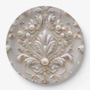 Plato De Papel Perlas Cristales Desnupación del bordado de Damask