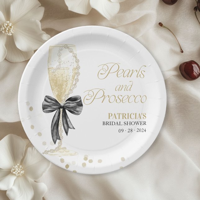 Plato De Papel Perlas De Bow Negras Y Ducha Bridal Prosecco (Subido por el creador)