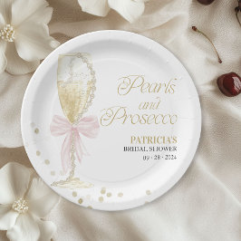 Plato De Papel Perlas De Bow Rosadas Y Ducha Bridal Prosecco