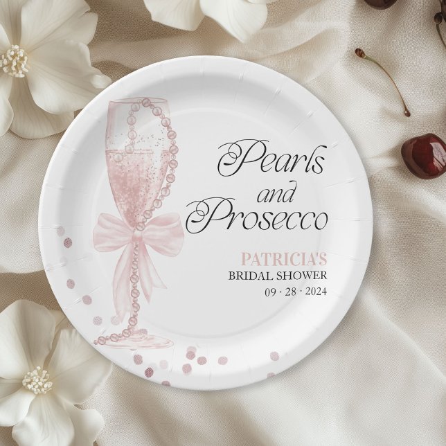 Plato De Papel Perlas De Bow Rosadas Y Ducha Bridal Prosecco (Subido por el creador)