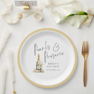 Plato De Papel Perlas de escritura moderna y Fiesta Prosecco Hen
