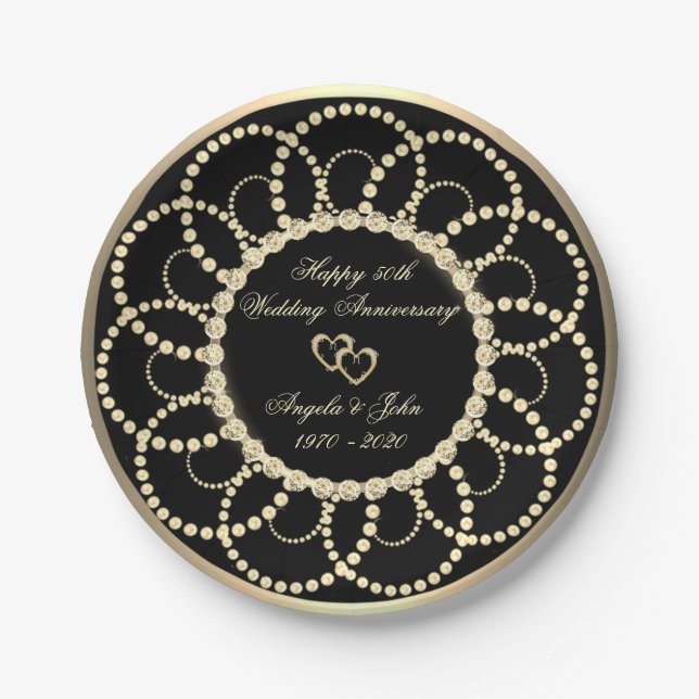 Plato De Papel Perlas Diamantes 50 Aniversario de Boda (Anverso)