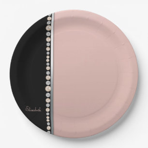 Plato De Papel Perlas Diamantes Negro Rosa Elegantes y con Estilo