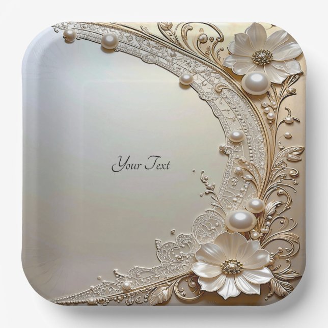 Plato de Papel Perlas Flores Blancas Modernas (Anverso)