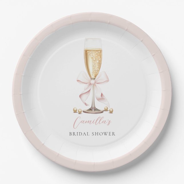 Plato De Papel Perlas rosadas y Bridal Shower de lazo de Prosecco (Anverso)