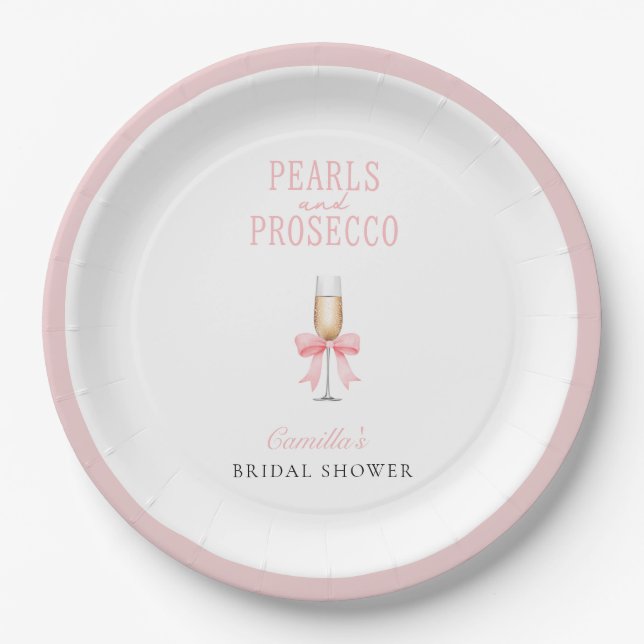 Plato De Papel Perlas rosadas y ducha de novias Prosecco (Anverso)