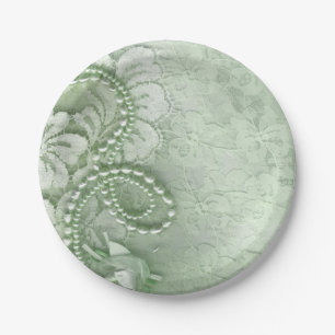 Plato De Papel Perlas y cordón que casan la verde menta del