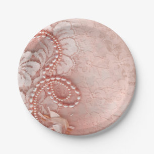 Plato De Papel Perlas y cordón que casan rosa del peony del