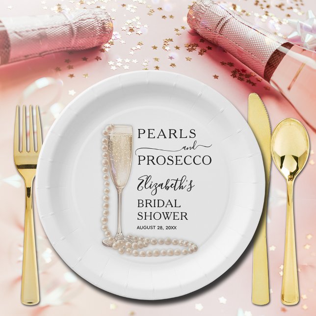 Plato De Papel Perlas y ducha de novia en Prosecco (Pearls and Prosecco bridal shower paper plates)