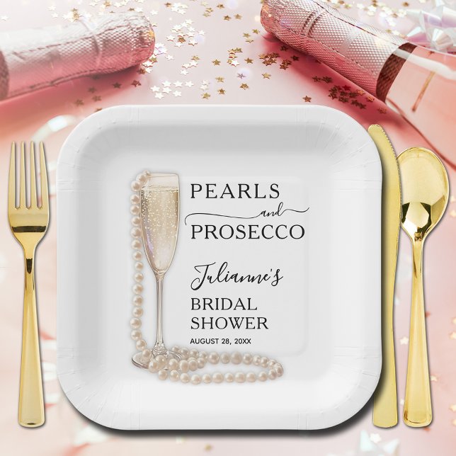 Plato De Papel Perlas y ducha de novia en Prosecco (Pearls and Prosecco brunch and bubbly bridal shower square paper plates)
