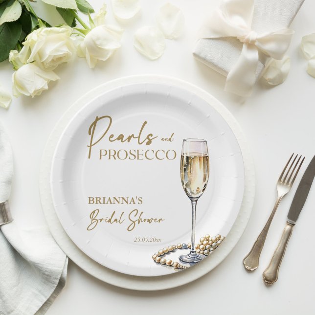 Plato De Papel Perlas y ducha de novia prosecco elegante impresa (Pearls and prosecco bridal shower elegant monogram printed paper plates personalized tableware decor)