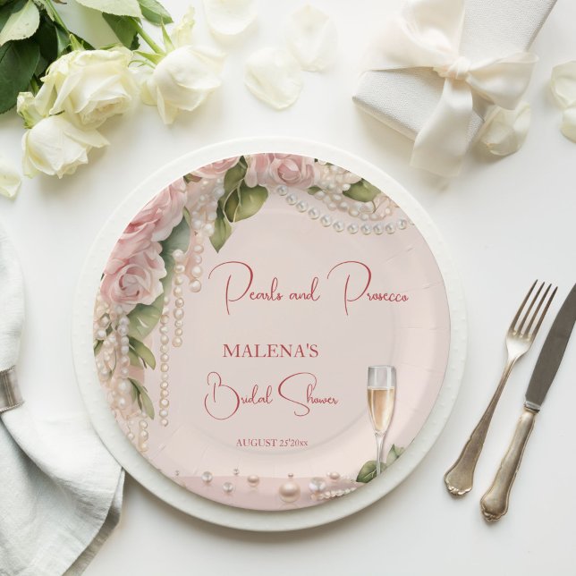 Plato De Papel Perlas y ducha de novia prosecco elegante impresa (Pearls and prosecco bridal shower elegant monogram printed paper plates blush pink roses and pearls)
