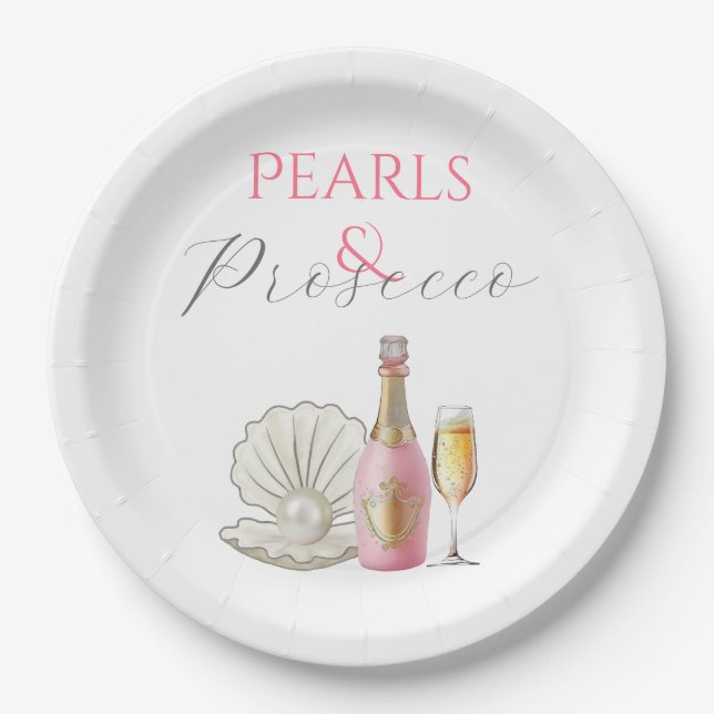 Plato De Papel Perlas y ducha de novia rosa Prosecco (Anverso)