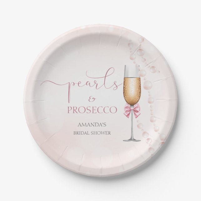 Plato De Papel Perlas y ducha de novia rosa Prosecco (Anverso)