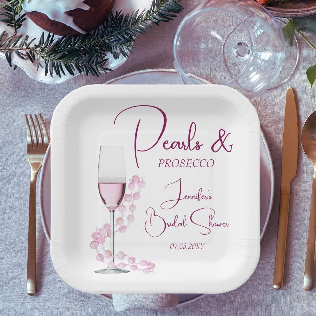 Plato De Papel Perlas y ducha marrón rosa moderna de novia (Subido por el creador)
