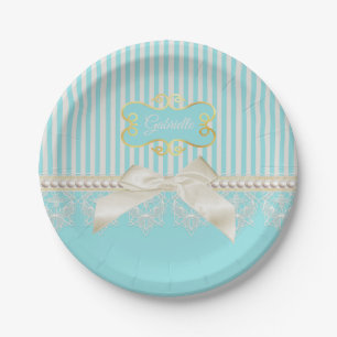 Plato De Papel Perlas y encajes Aqua Stripes Cream Bow con nombre