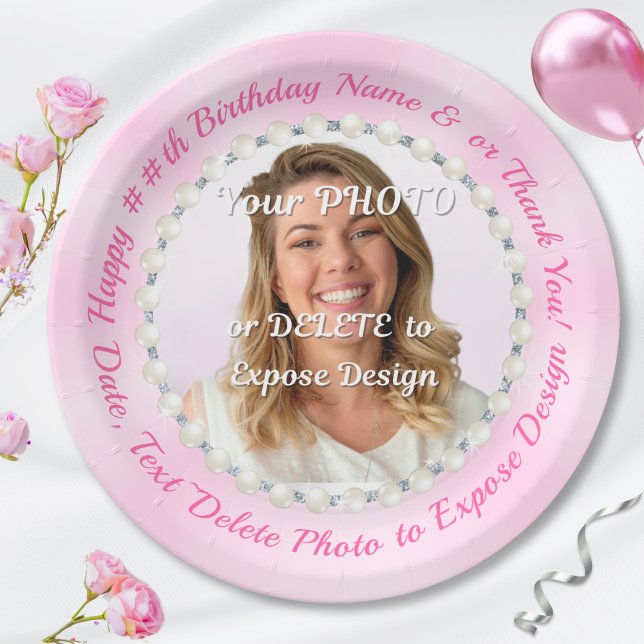 Plato De Papel Perlas y placas de papel rosa claro, con FOTO (Personalized birthday party plates with picture. Pearl birthday party. Pink birthday paper plates.)