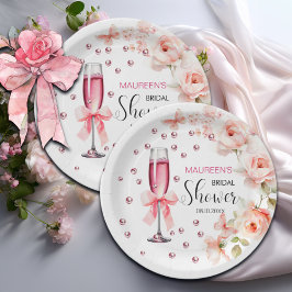 Plato De Papel Perlas y polvorientas rosas rosadas Prosecco ducha
