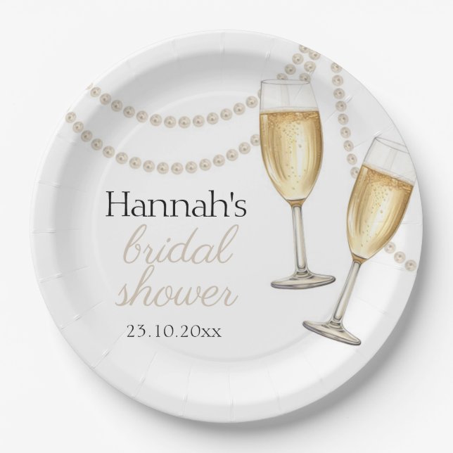 Plato De Papel Perlas y prosecco Elegante ducha de novia (Anverso)