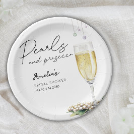 Plato De Papel Perlas Y Prosecco Elegante Vegetación Ducha Bridal