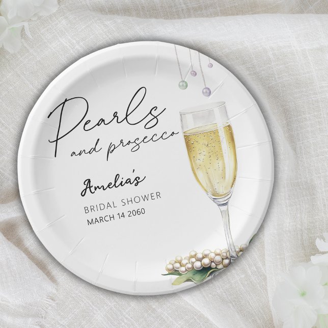 Plato De Papel Perlas Y Prosecco Elegante Vegetación Ducha Bridal (Subido por el creador)