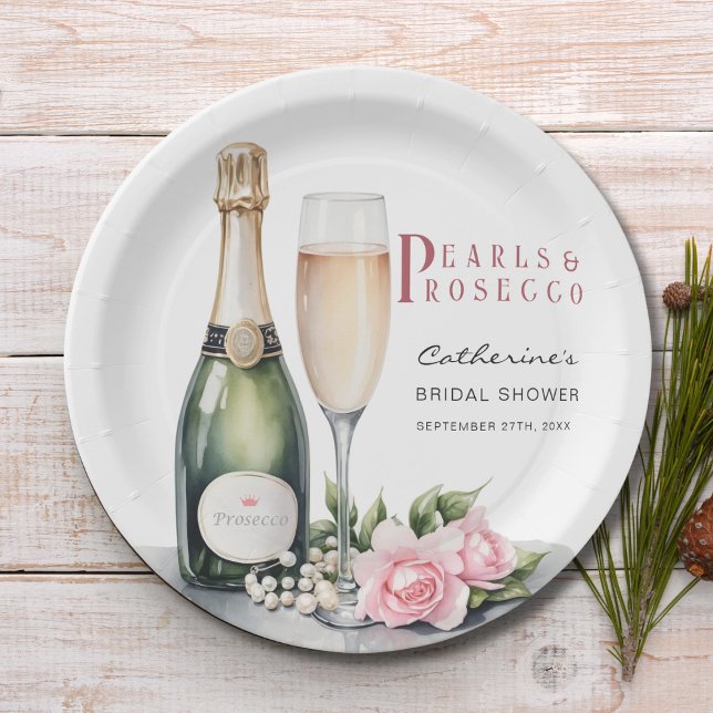 Plato De Papel Perlas Y Prosecco Floral Elegante Ducha Bridal (Subido por el creador)