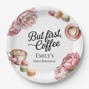 Plato De Papel Pero Primero Café Cumpleaños 1ra Niña Rosa Barista